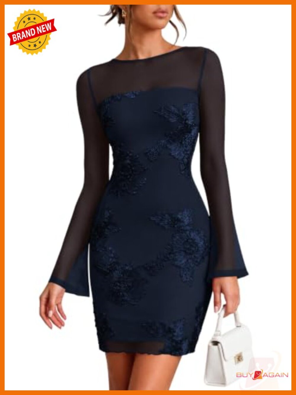 Lazysmile Long Sleeve Floral Mesh Bodycon Dress